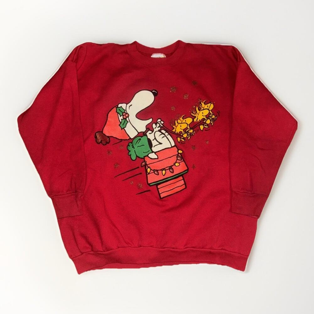 Vintage Snoopy Christmas Sweatshirt Red XXL Made in USA 24x27 Peanuts Holiday